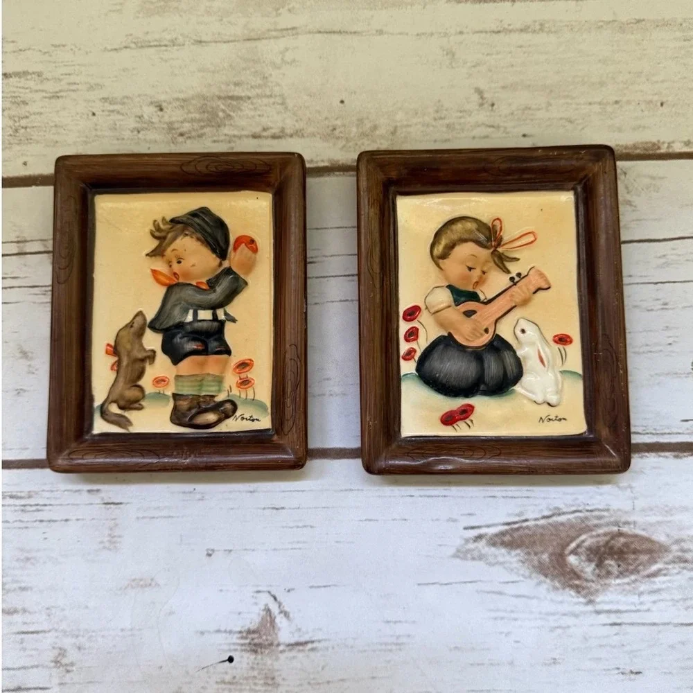 Napco Wall Plaques Brown Hummel Style Ceramic Relief Set of 2 5.25x4in